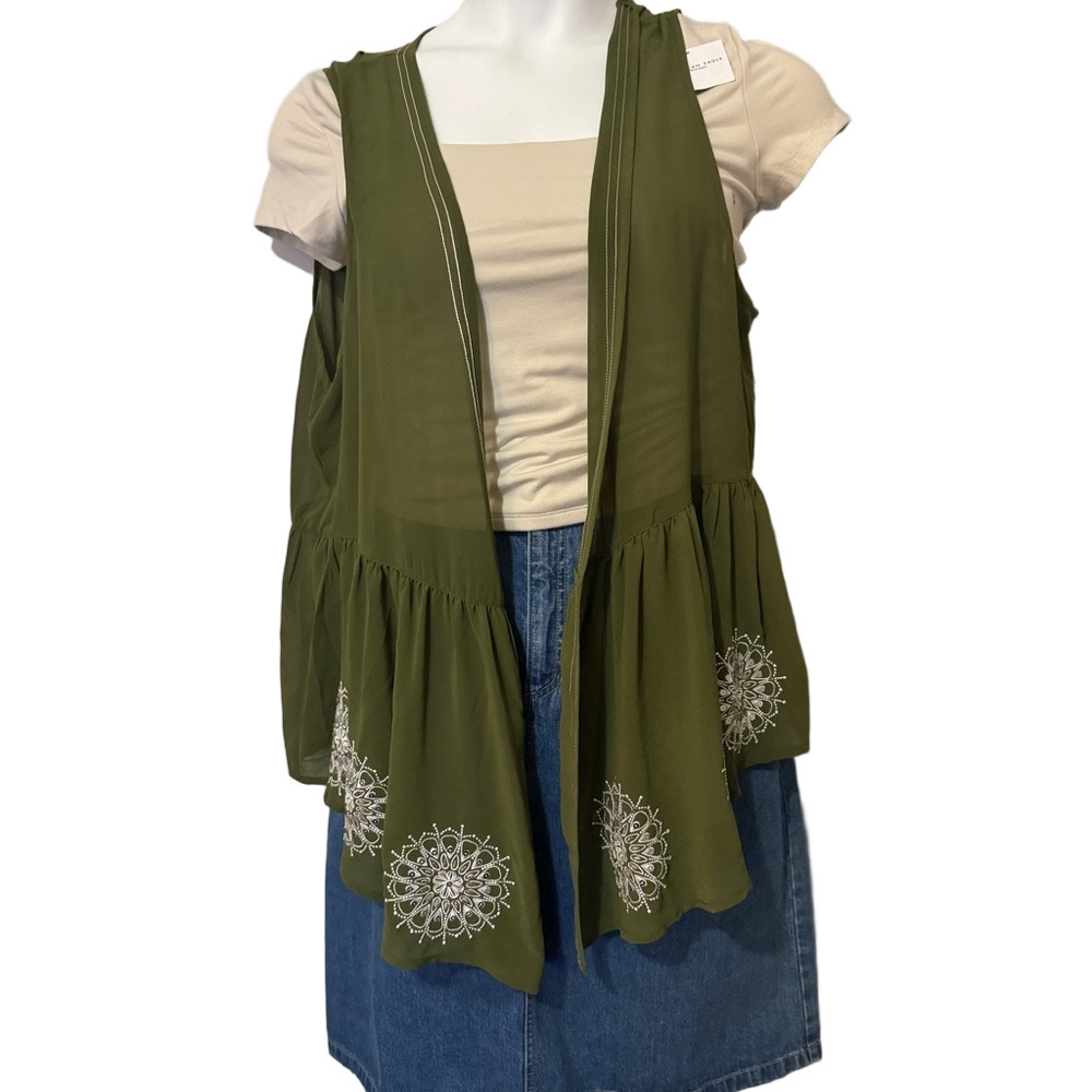 Cato Olive Green Sequin Embroidered Sheer Vest - Picture 3 of 7